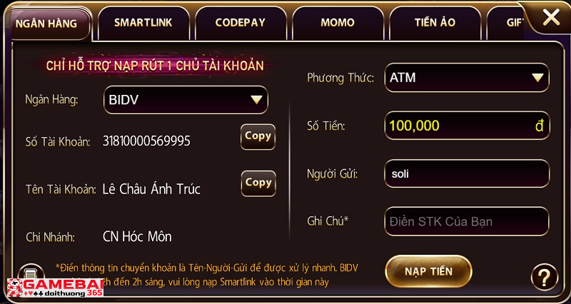 Biểu mẫu nạp tiền qua ngân hàng tại cổng game bài đổi thưởng